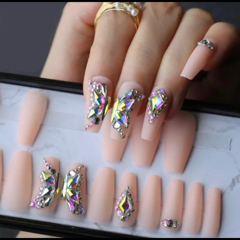 Butterfly crystal coffin nails🦋